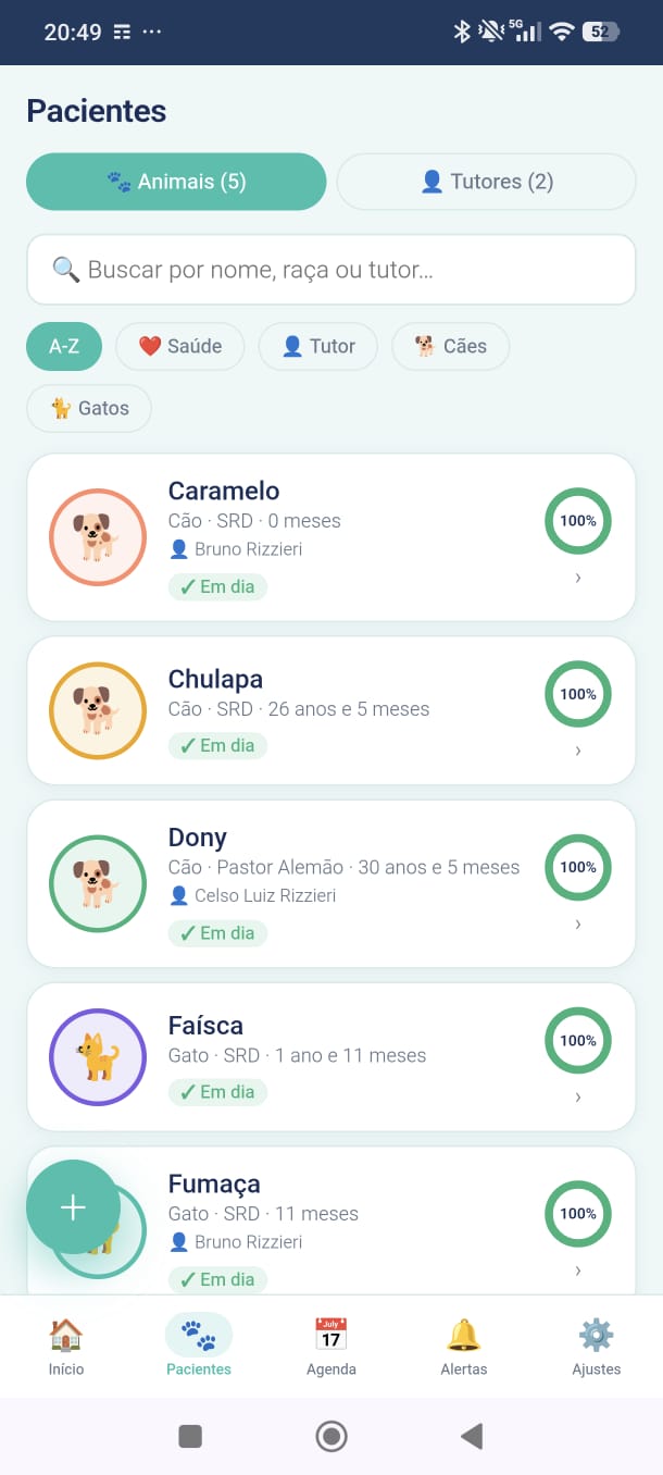 VetFlowCare — lista de pacientes: Caramelo, Chulapa, Dony, Faísca e Fumaça, todos em dia