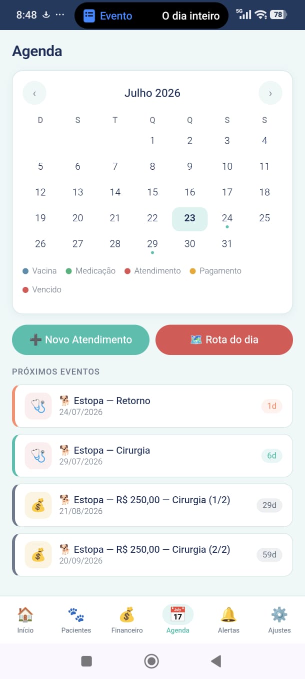 VetFlowCare — agenda de julho 2026 com calendário e botão Rota do dia