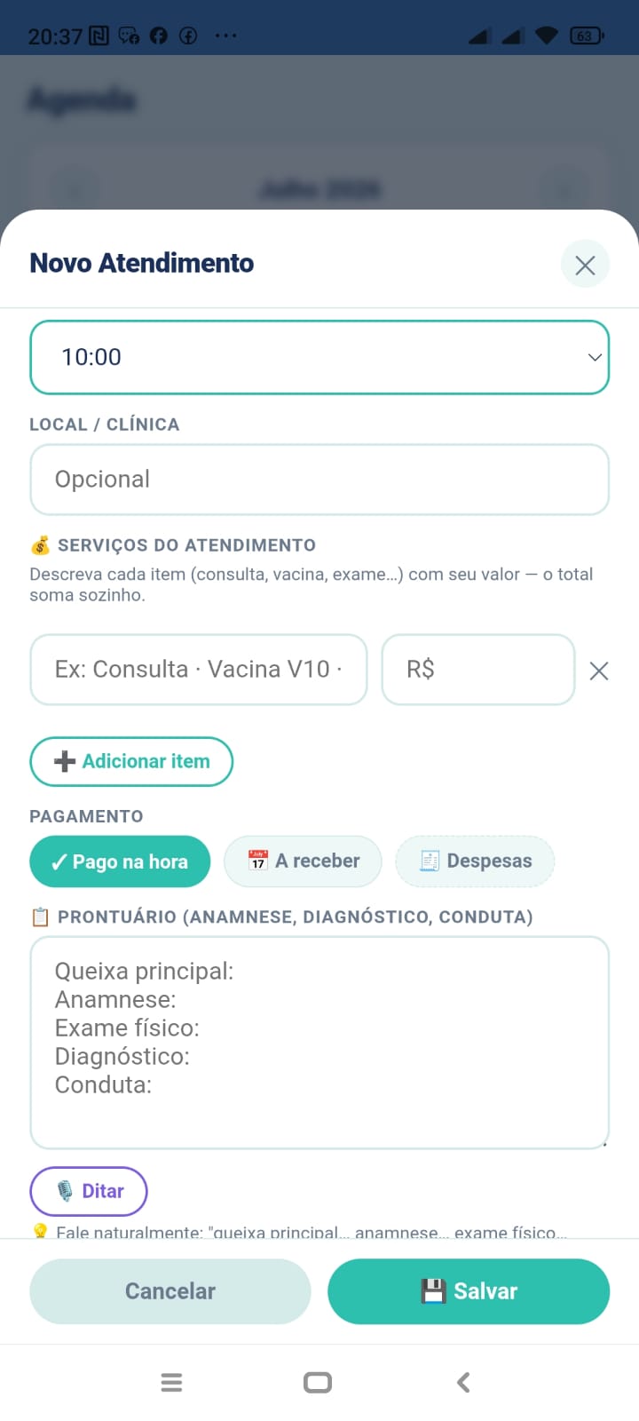 VetFlowCare — novo atendimento com prontuário estruturado e botão Ditar por voz